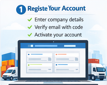 ExusTrans-registratieformulier voor vervoerders met bedrijfs- en btw-gegevens en e-mailverificatie